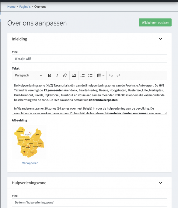 Voorbeeld van het cms van de website van HVZ Taxandria waarin je kan zien hoe je de 'over ons' pagina kan updaten.