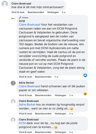 Reactie van DCM op een community vraag op Facebook