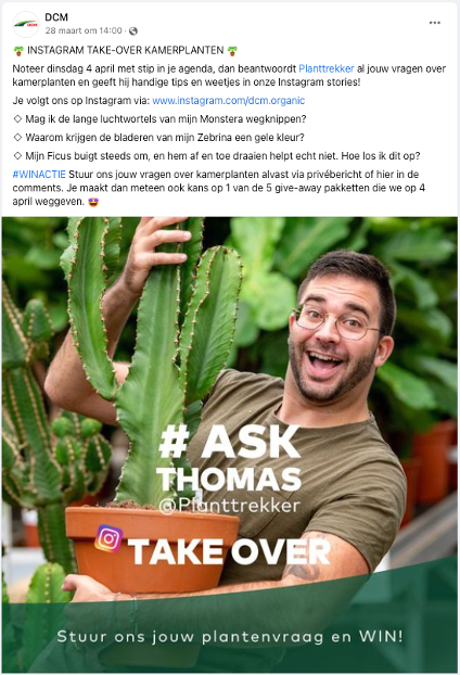 Facebookpost van DCM over een samenwerking met een influencer