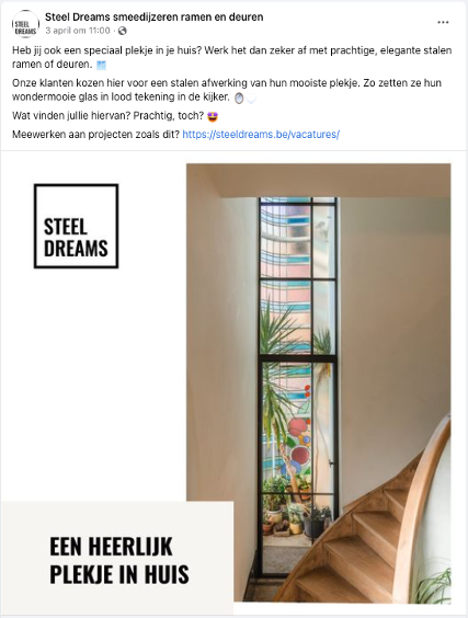 Facebookpost van Steel Dreams met inspirerende foto van een stalen raam