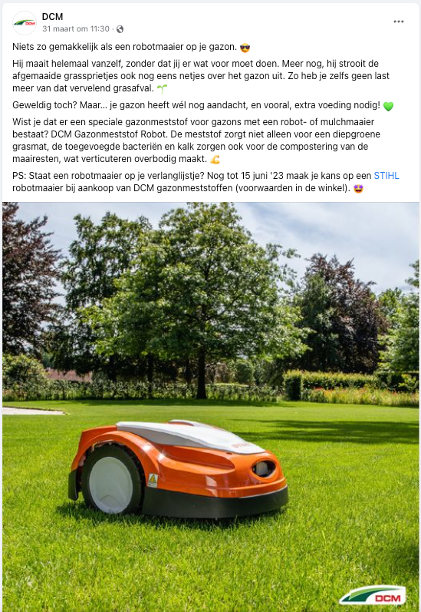 Facebookpost van DCM over een samenwerking met Stihl robotmaaiers