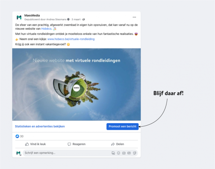 Knop "Promoot een bericht" op Facebook