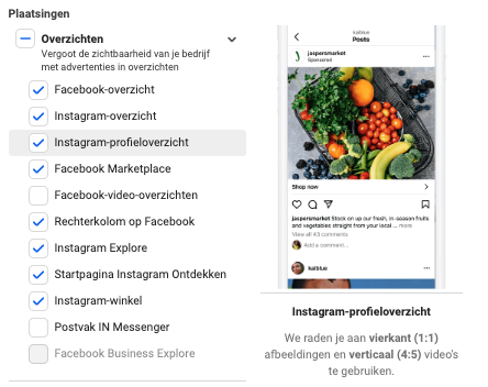 Plaatsingsmogelijkheden advertentiebeheer Meta