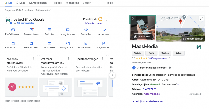 Printscreen van Google My Business van marketingbureau MaesMedia