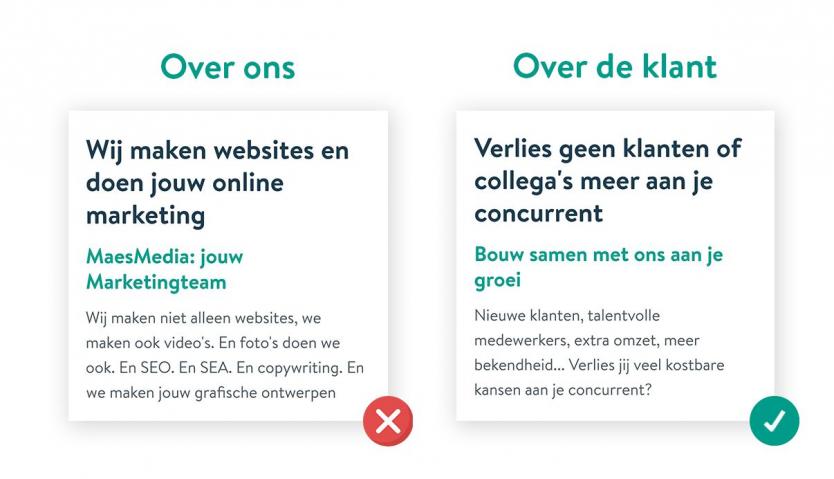 Voorbeeld van een typische marketingfout: de teksten gaan over jou, niet over je klant.