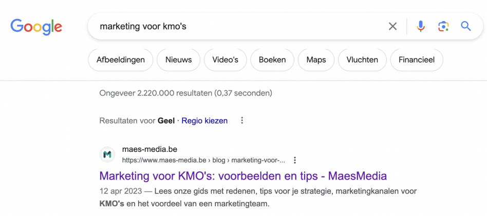 Schermafbeelding 'marketing voor kmo's' zoekopdracht met maesmedia als eerste hit.