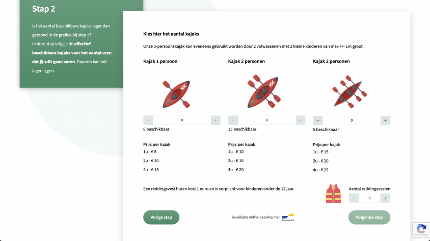 Configurator voor het huren van een kajak, stap 2: aantal kajaks kiezen.