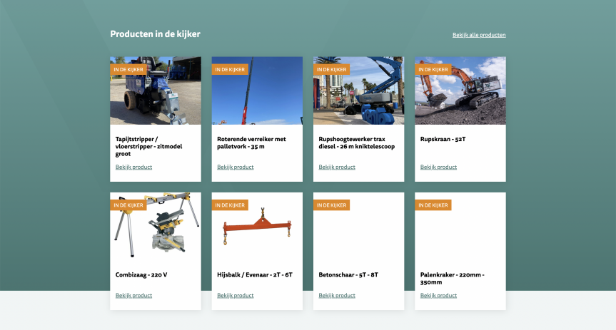Print screen website Wim Verhuur waarbij alle productdata uit Business Central komt. 