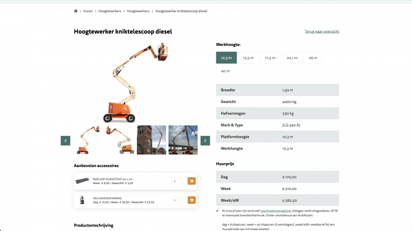 Voorbeeld detail page Wim Verhuur: alle informatie komt rechtstreeks vanuit de databases bij Wim Verhuur.