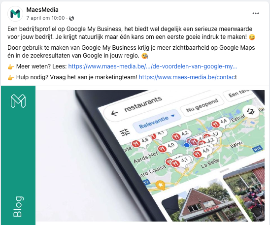 Facebookpost gelinkt aan blog MaesMedia