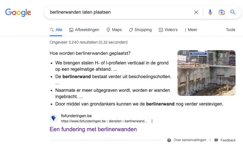 SEO Voor KMO's: printscreen van featured snippet op google