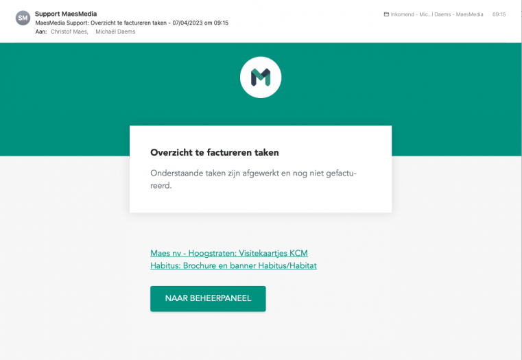 Automatische e-mail vanuit het support platform.