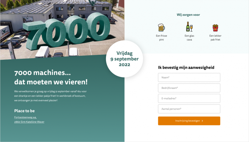 Tijdelijke landingpage voor het bedrijfsevenement van Wim Verhuur