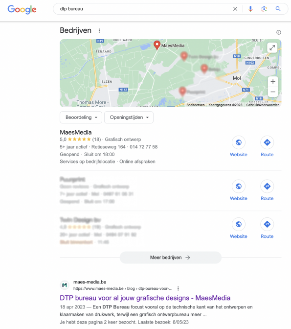 Schermafbeelding met zoekopdracht "DTP bureau" waarin zowel het bedrijfsprofiel als de blog van MaesMedia getoond wordt.