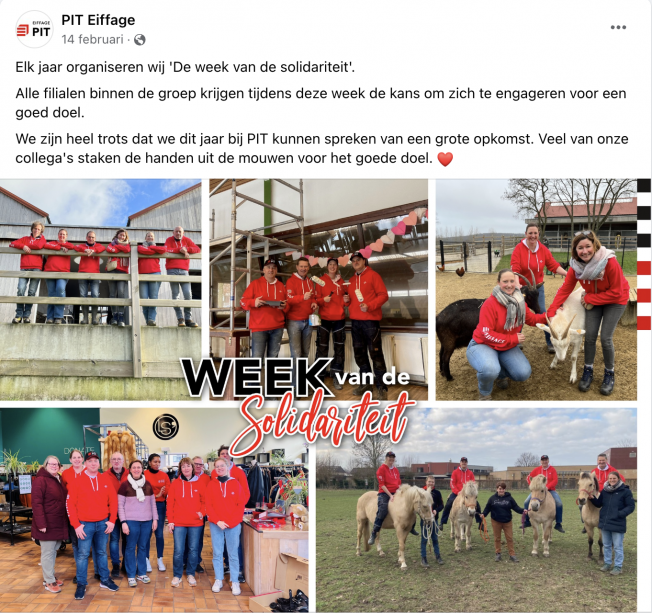 Voorbeeld: pit eiffage organiseert de week van de solidariteit en toont dit op facebook.