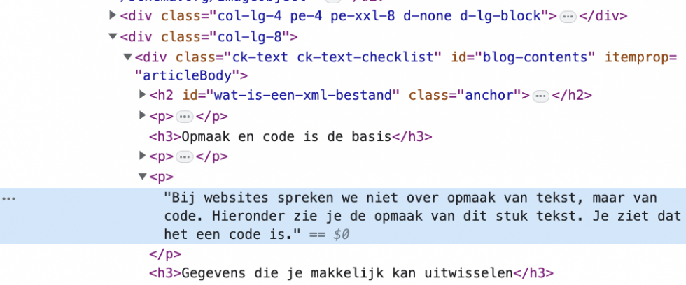 Printscreen van HTML-opmaak en code.