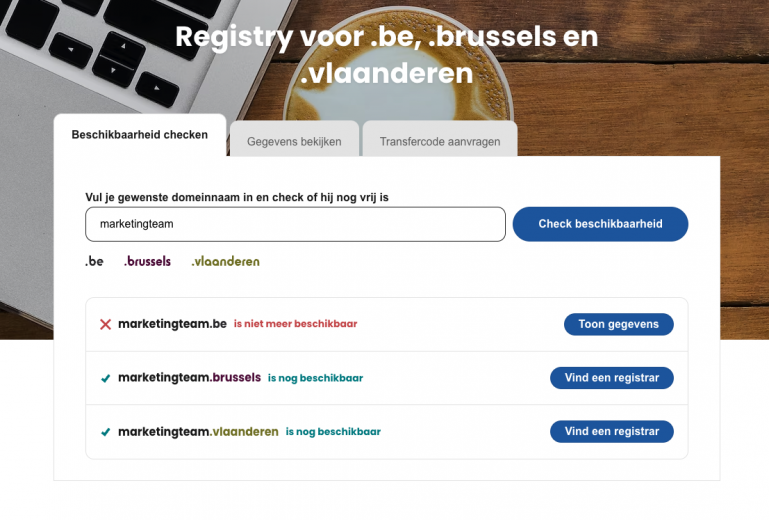 Voorbeeld van domeinnaam beschikbaarheid via DNS Belgium.