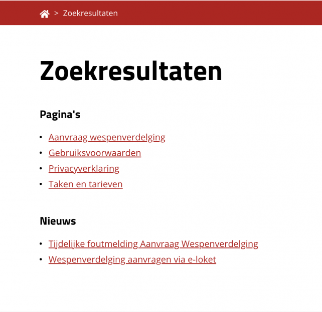 Voorbeeld zoekresultaten op de website van hulpverleningszone Taxandria.