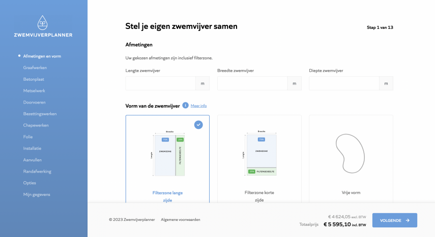 Configurator voor zwemvijver. 