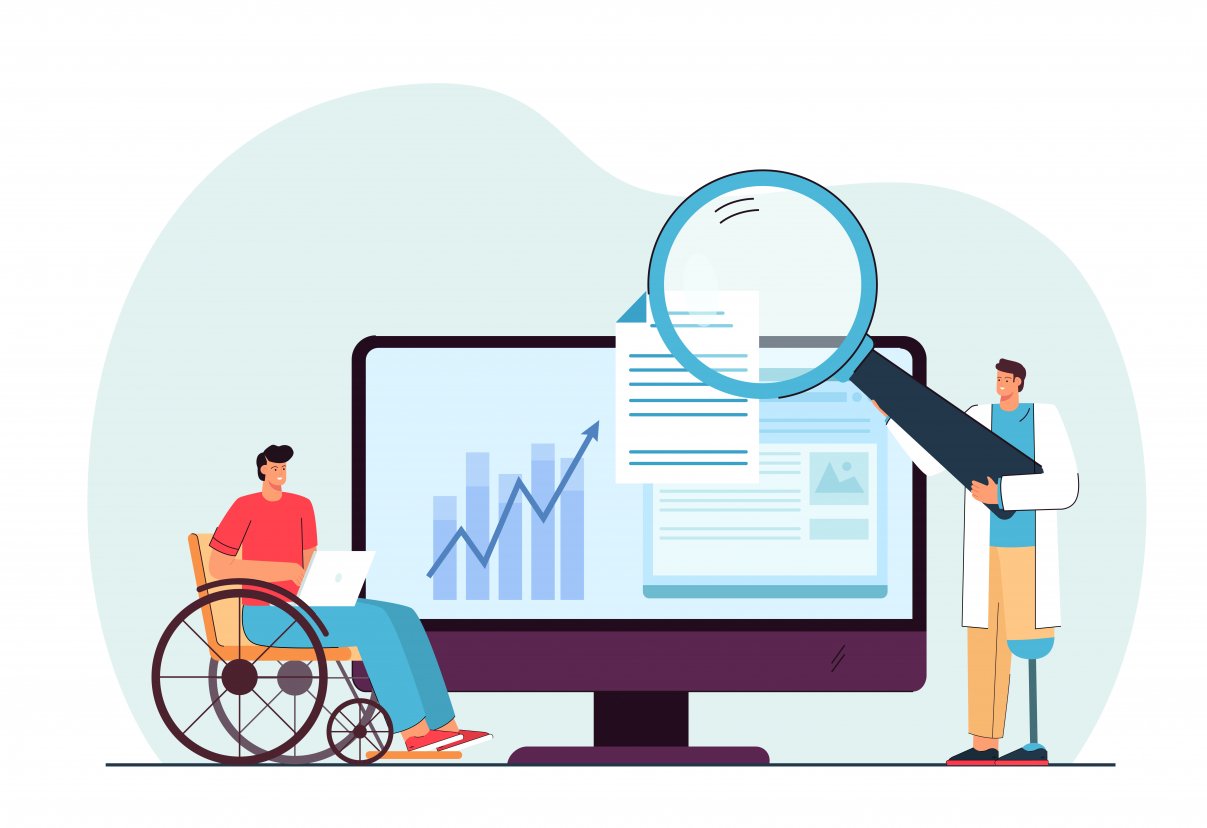 Disabled people working online flat vector illustration