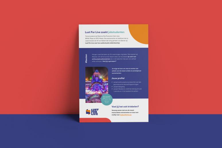 Grafisch ontwerp van de flyer voor lust for live, die hiermee jobstudenten wilt overtuigen.