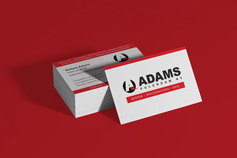 Grafisch design van de visitekaartjes voor Adams uit Geel, Massenhove en Beerse.